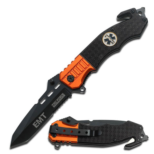 Cuchillo de rescate EMT con textura negra y naranja