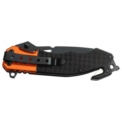 Cuchillo de rescate EMT con textura negra y naranja