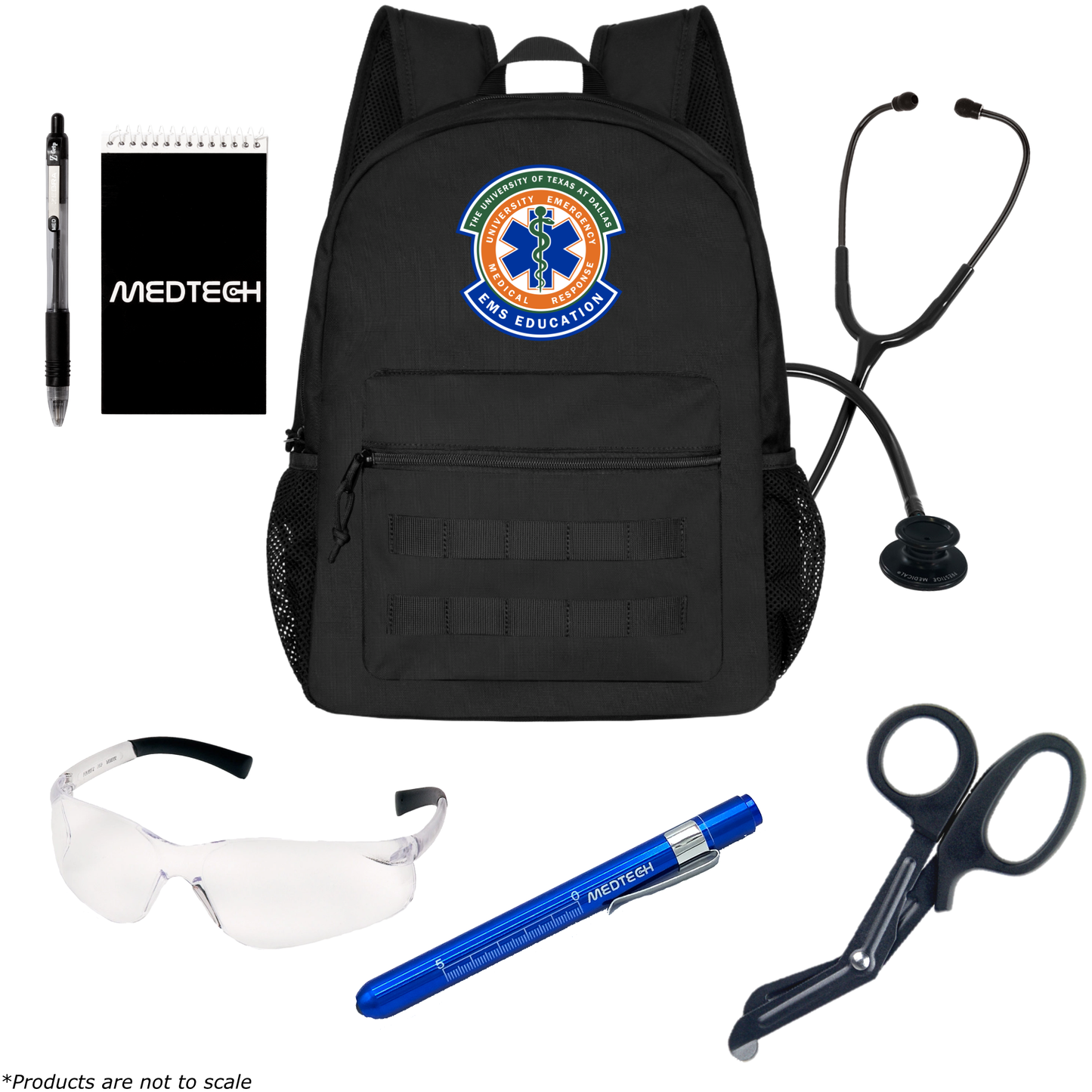 MedTech- The University of Texas at Dallas EMT Custom Clinical Kit- Black Backpack With EMT Logo- Prestige Medical Clinical Lite (Stealth Black)